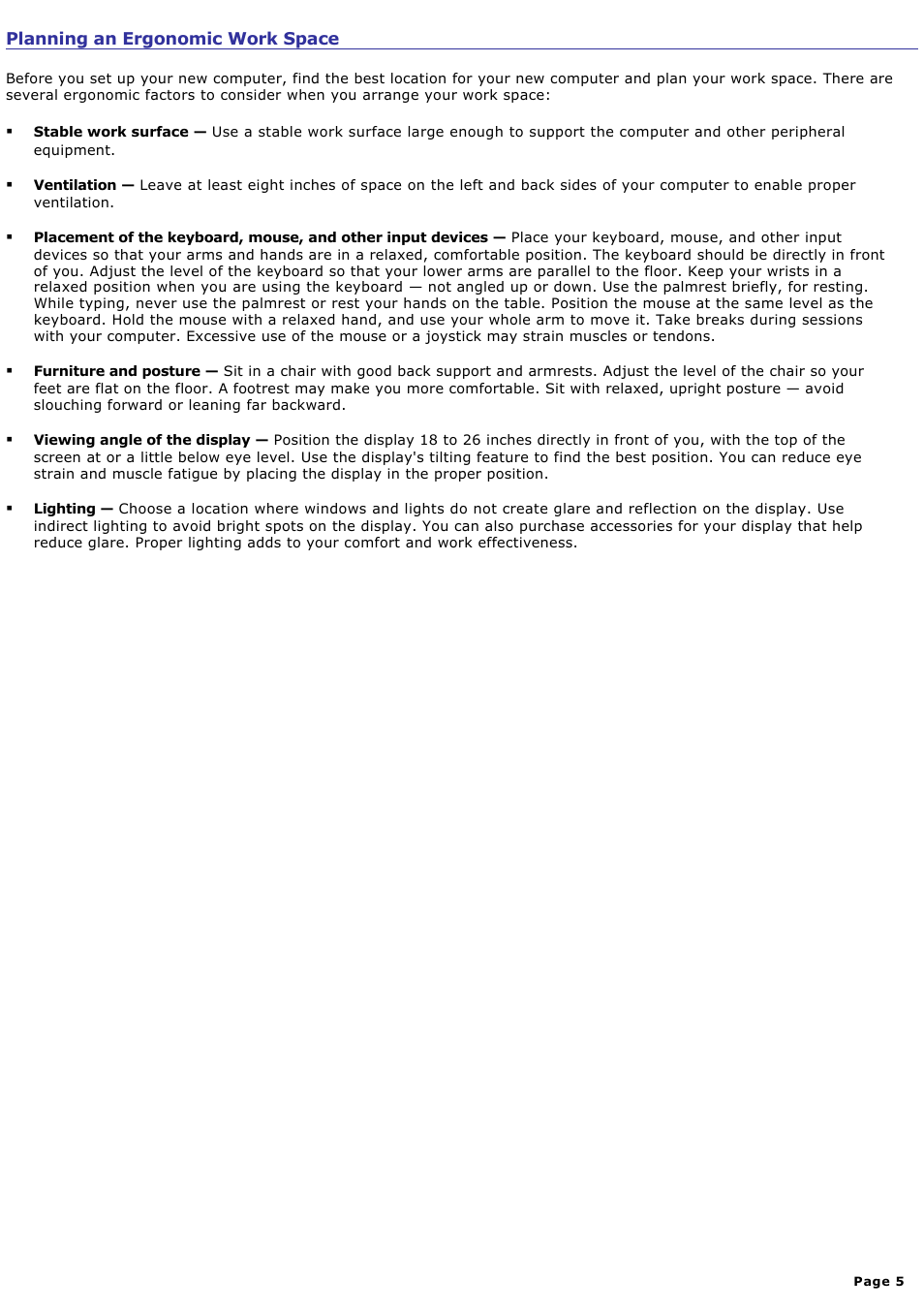 Planning an ergonomic work space | Sony VGCRA830 User Manual | Page 5 / 164