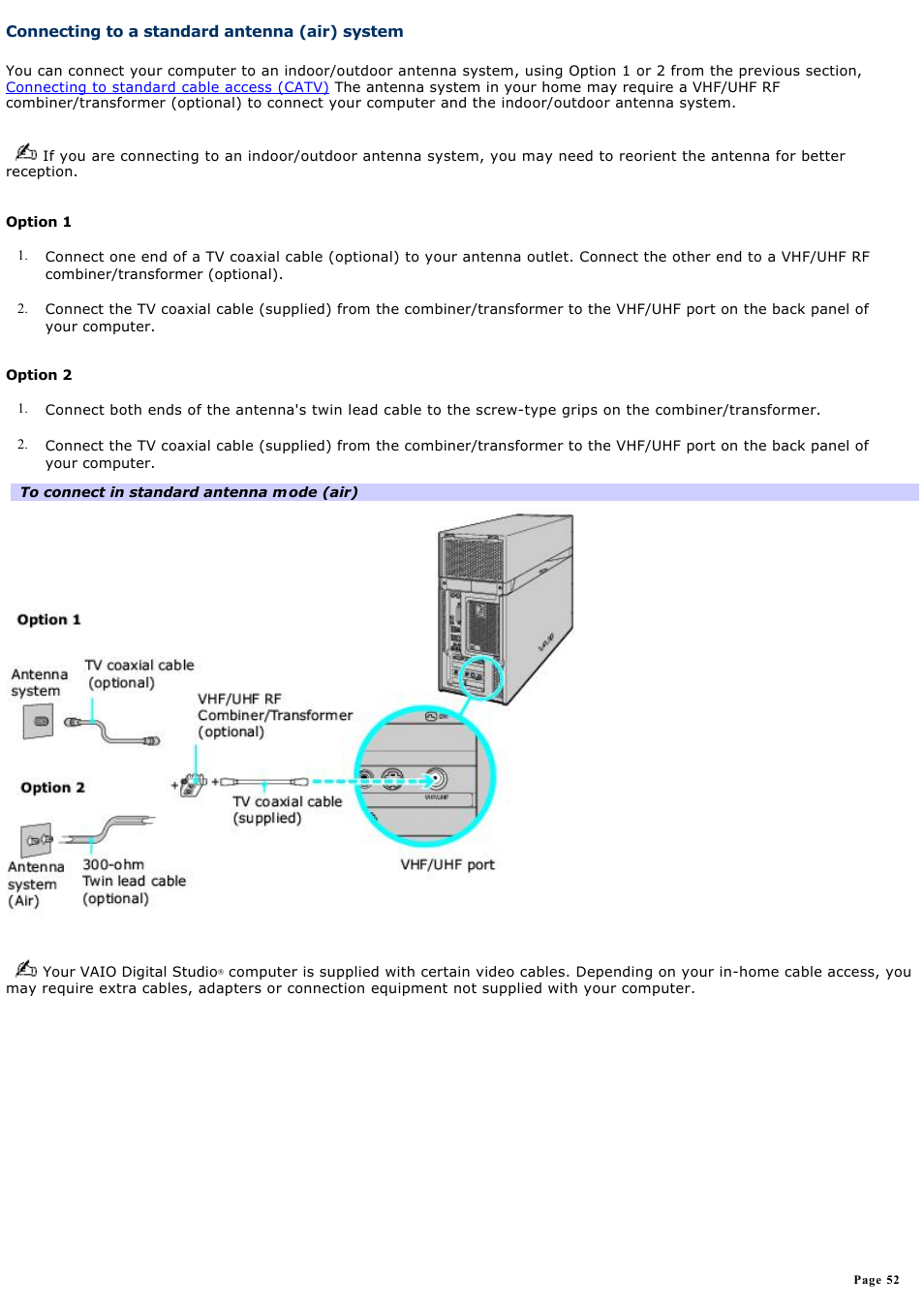 Connecting to a standard antenna (air) system | Sony VGCRA830 User Manual | Page 52 / 164