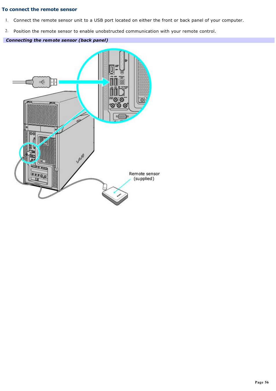 To connect the remote sensor | Sony VGCRA830 User Manual | Page 56 / 164