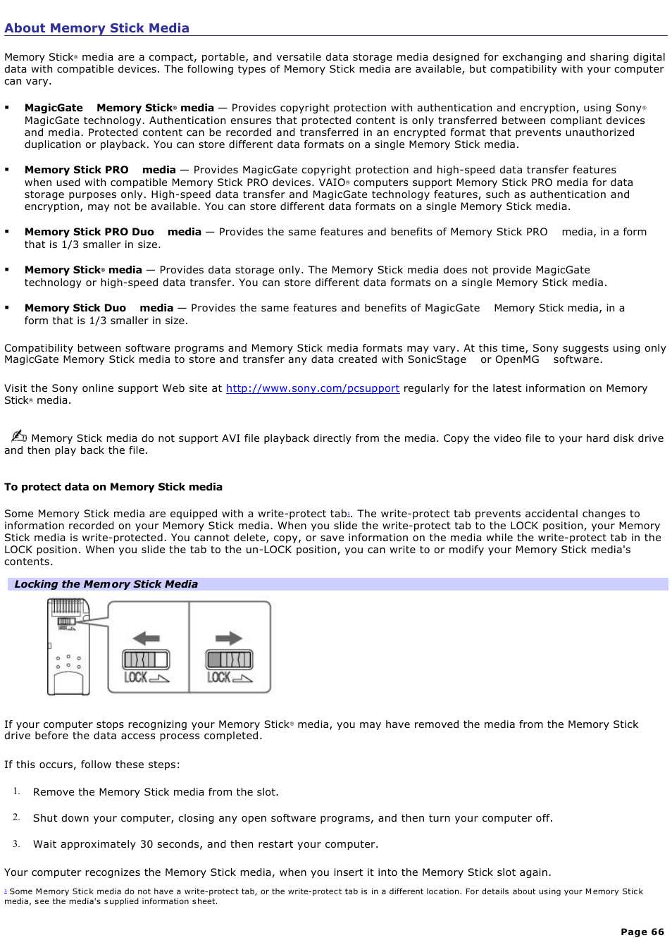 About memory stick media | Sony VGCRA830 User Manual | Page 66 / 164