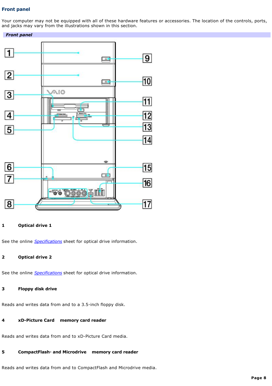 Front panel | Sony VGCRA830 User Manual | Page 8 / 164