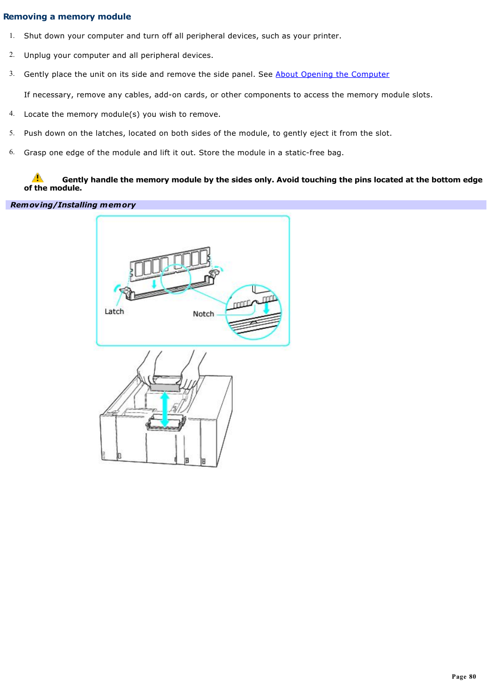 Removing a memory module | Sony VGCRA830 User Manual | Page 80 / 164