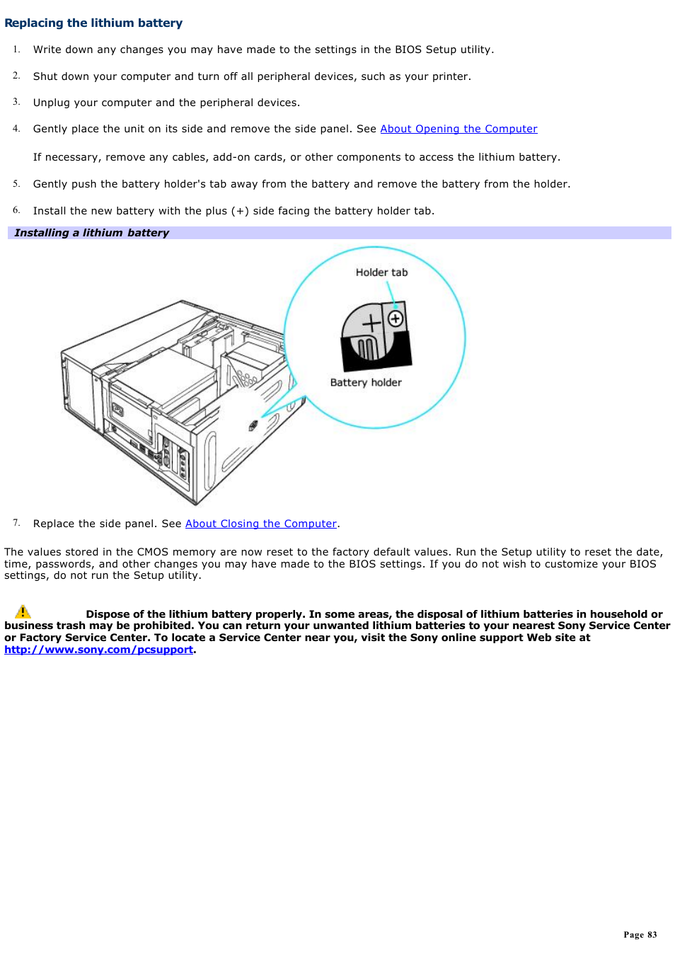 Replacing the lithium battery | Sony VGCRA830 User Manual | Page 83 / 164