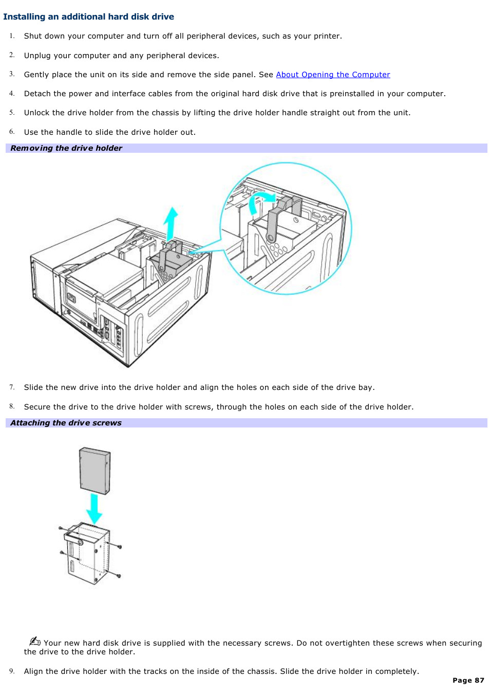 Installing an additional hard disk drive | Sony VGCRA830 User Manual | Page 87 / 164