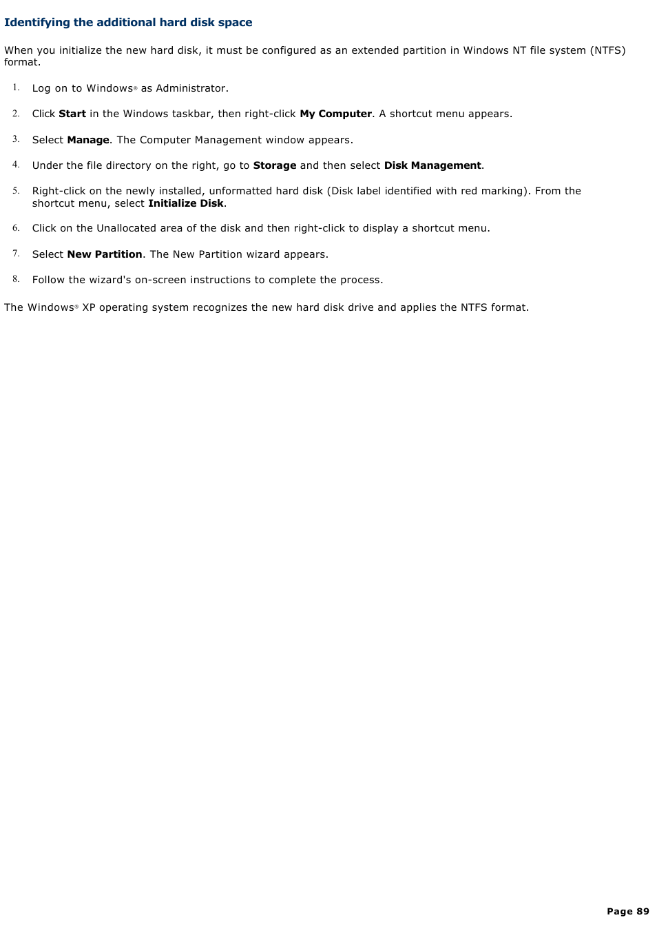 Identifying the additional hard disk space | Sony VGCRA830 User Manual | Page 89 / 164