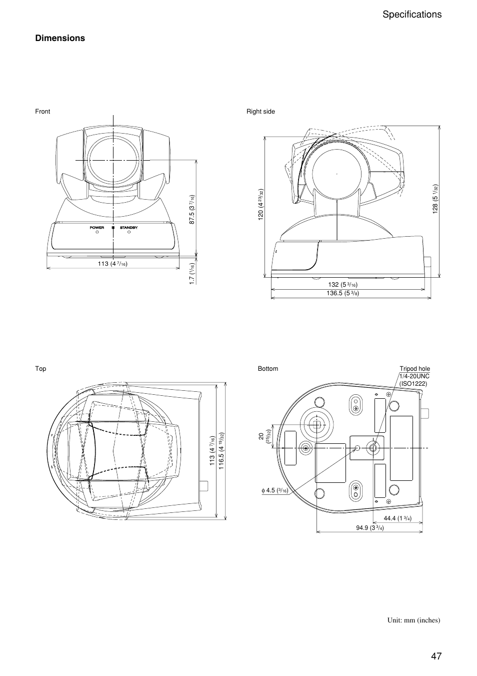 47 specifications, Dimensions | Sony EVI-D100 User Manual | Page 47 / 48