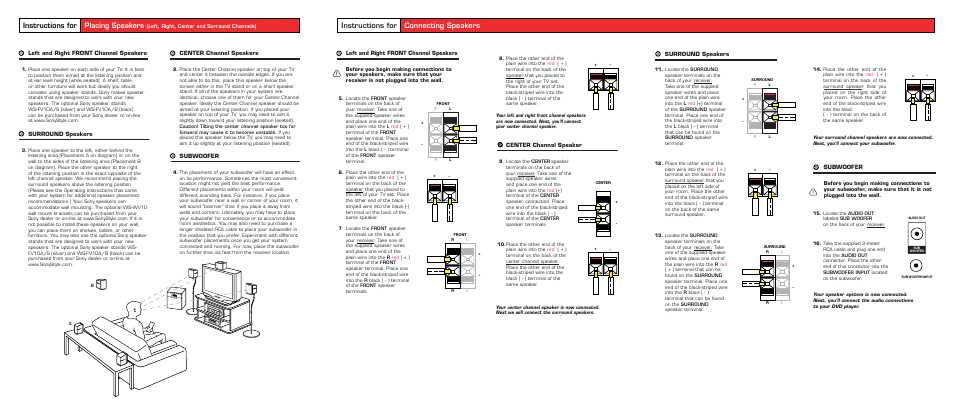 Instructions for placing speakers, Instructions for connecting speakers | Sony HT-13000 User Manual | Page 2 / 2