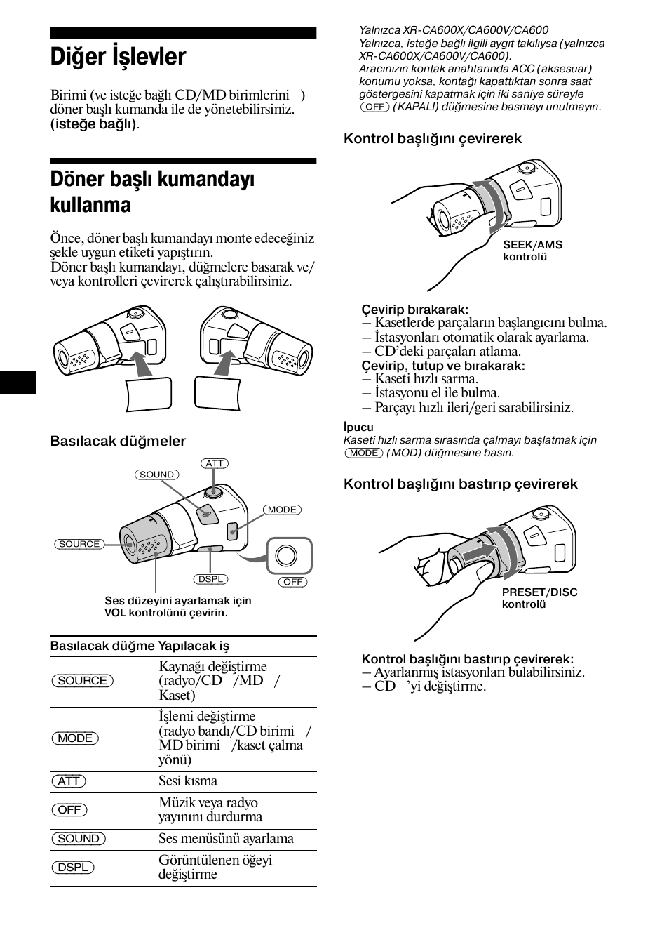 Diğer işlevler, Döner başlı kumandayı kullanma | Sony XR-L500X  RU User Manual | Page 100 / 146