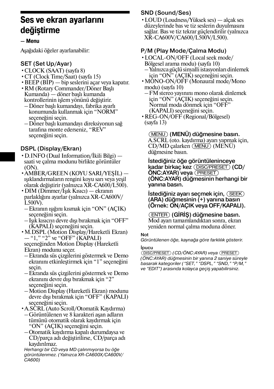 Ses ve ekran ayarlarını değiştirme, Menu, 18 ses ve ekran ayarlarını değiştirme | Sony XR-L500X  RU User Manual | Page 102 / 146