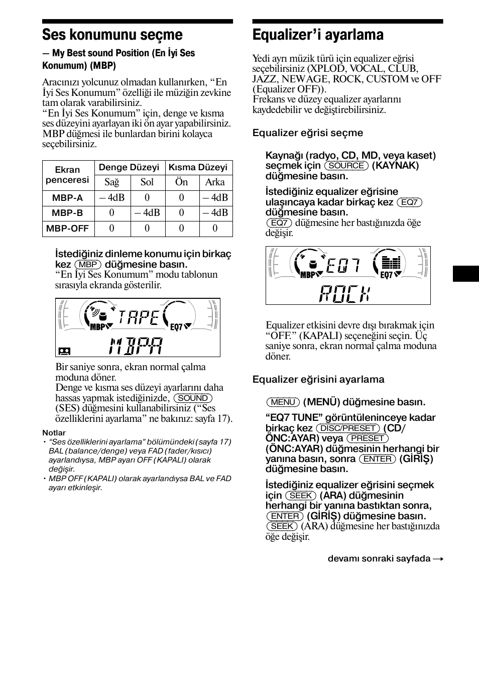 Ses konumunu seçme, My best sound position (en iyi ses konumum) (mbp), 19 ses konumunu seçme | Equalizer’i ayarlama | Sony XR-L500X  RU User Manual | Page 103 / 146