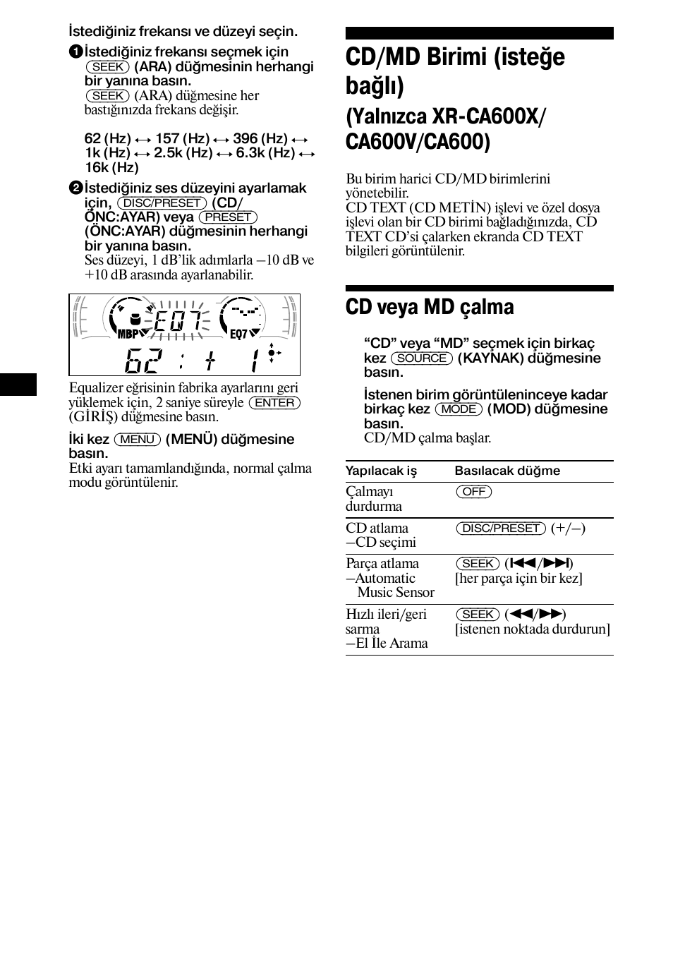 Cd veya md çalma, Cd/md birimi (isteğe bağlı) | Sony XR-L500X  RU User Manual | Page 104 / 146