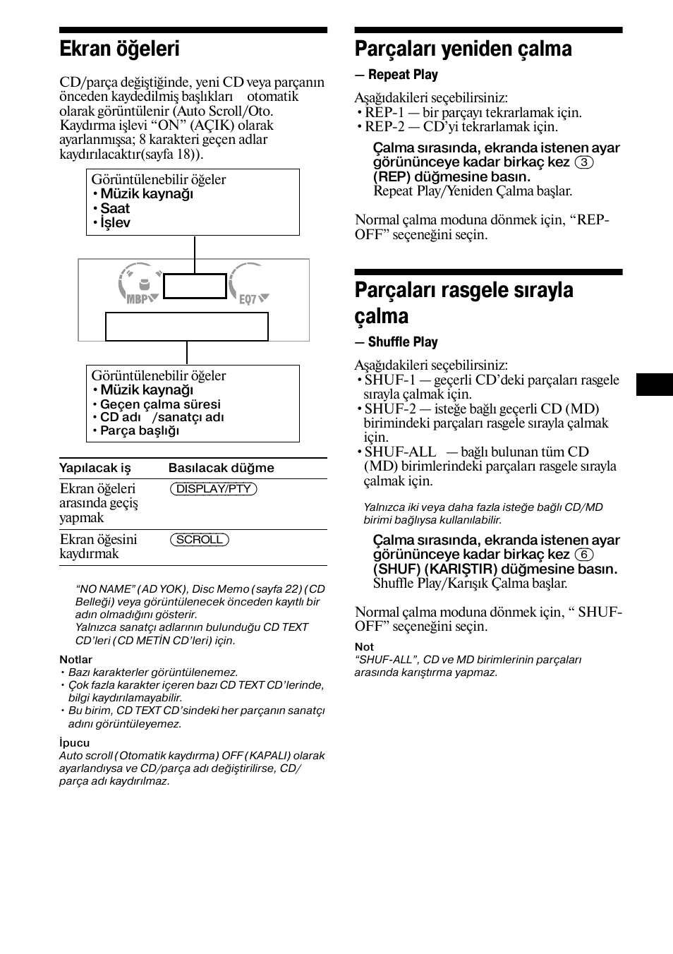 Ekran öğeleri parçaları yeniden çalma, Repeat play, Parçaları rasgele sırayla çalma | Shuffle play, 21 ekran öğeleri, Parçaları yeniden çalma | Sony XR-L500X  RU User Manual | Page 105 / 146