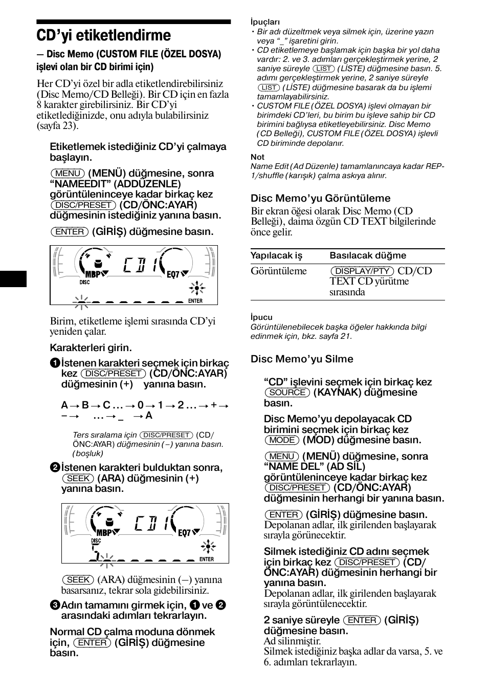 Cd’yi etiketlendirme, Disc memo, 22 cd’yi etiketlendirme | Sony XR-L500X  RU User Manual | Page 106 / 146