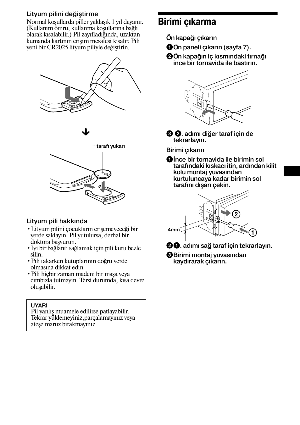 Birimi çıkarma, Sayfa 25) | Sony XR-L500X  RU User Manual | Page 109 / 146