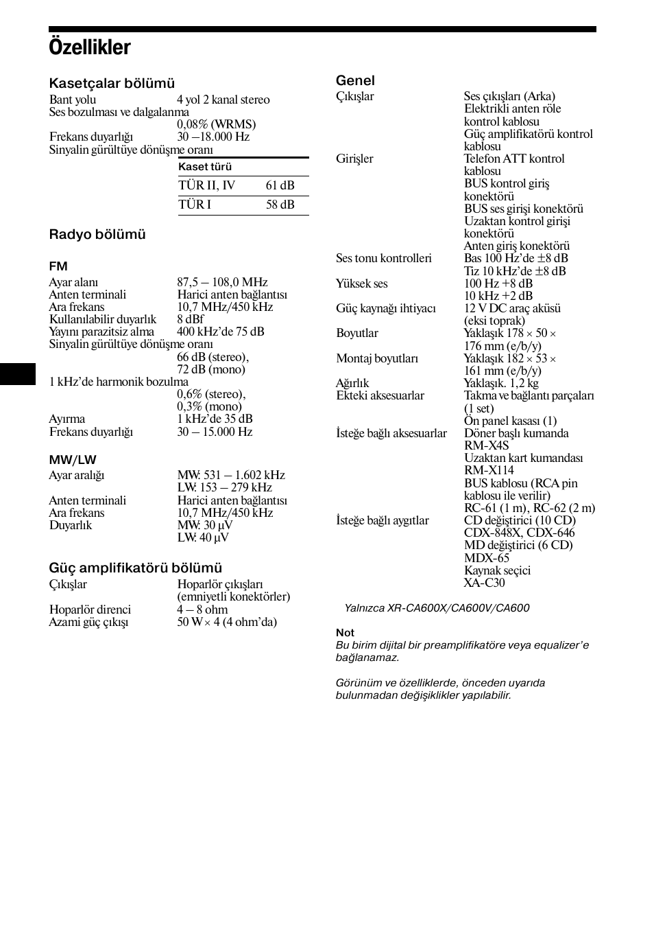 Özellikler, 26 özellikler | Sony XR-L500X  RU User Manual | Page 110 / 146