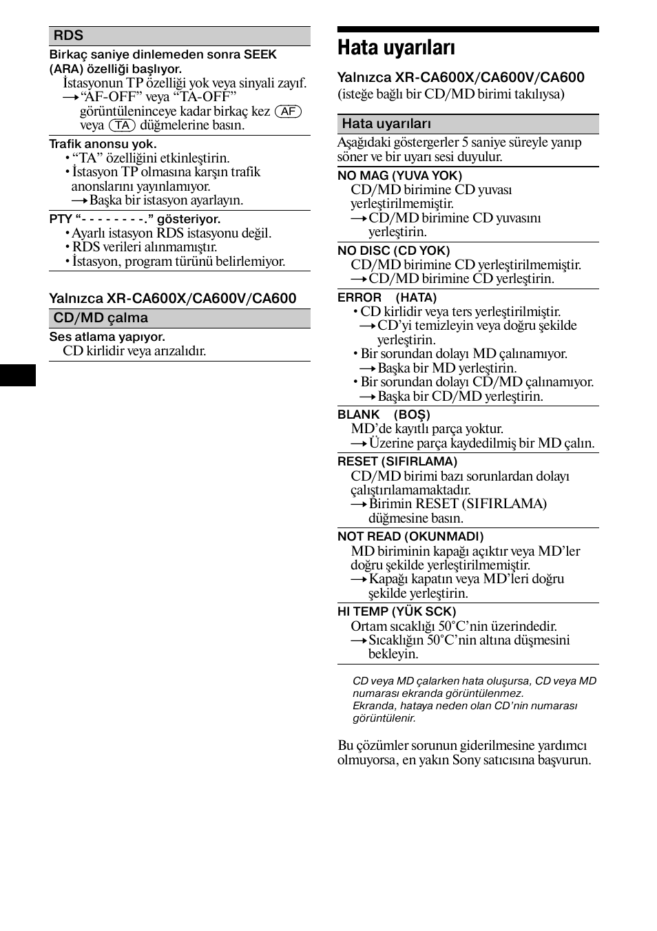 Hata uyarıları, 28 hata uyarıları | Sony XR-L500X  RU User Manual | Page 112 / 146