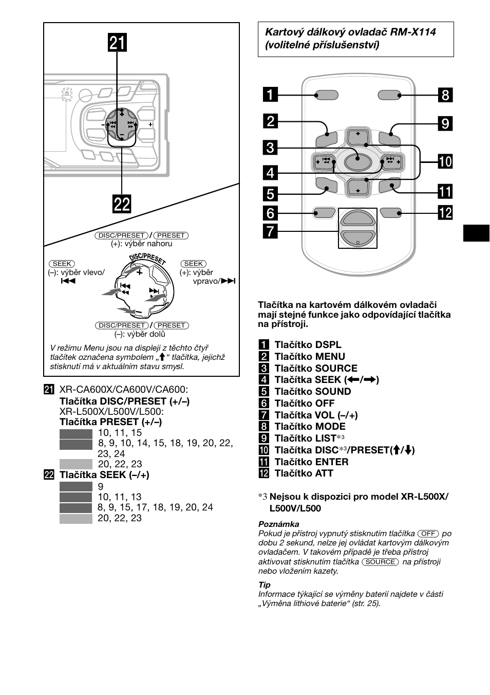 J tlačítka disc, Preset( m / m ) k tlačítko enter l tlačítko att | Sony XR-L500X  RU User Manual | Page 33 / 146