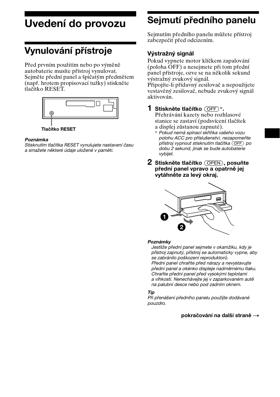 Uvedení do provozu, Vynulování přístroje sejmutí předního panelu, Vynulování přístroje | Sejmutí předního panelu | Sony XR-L500X  RU User Manual | Page 35 / 146