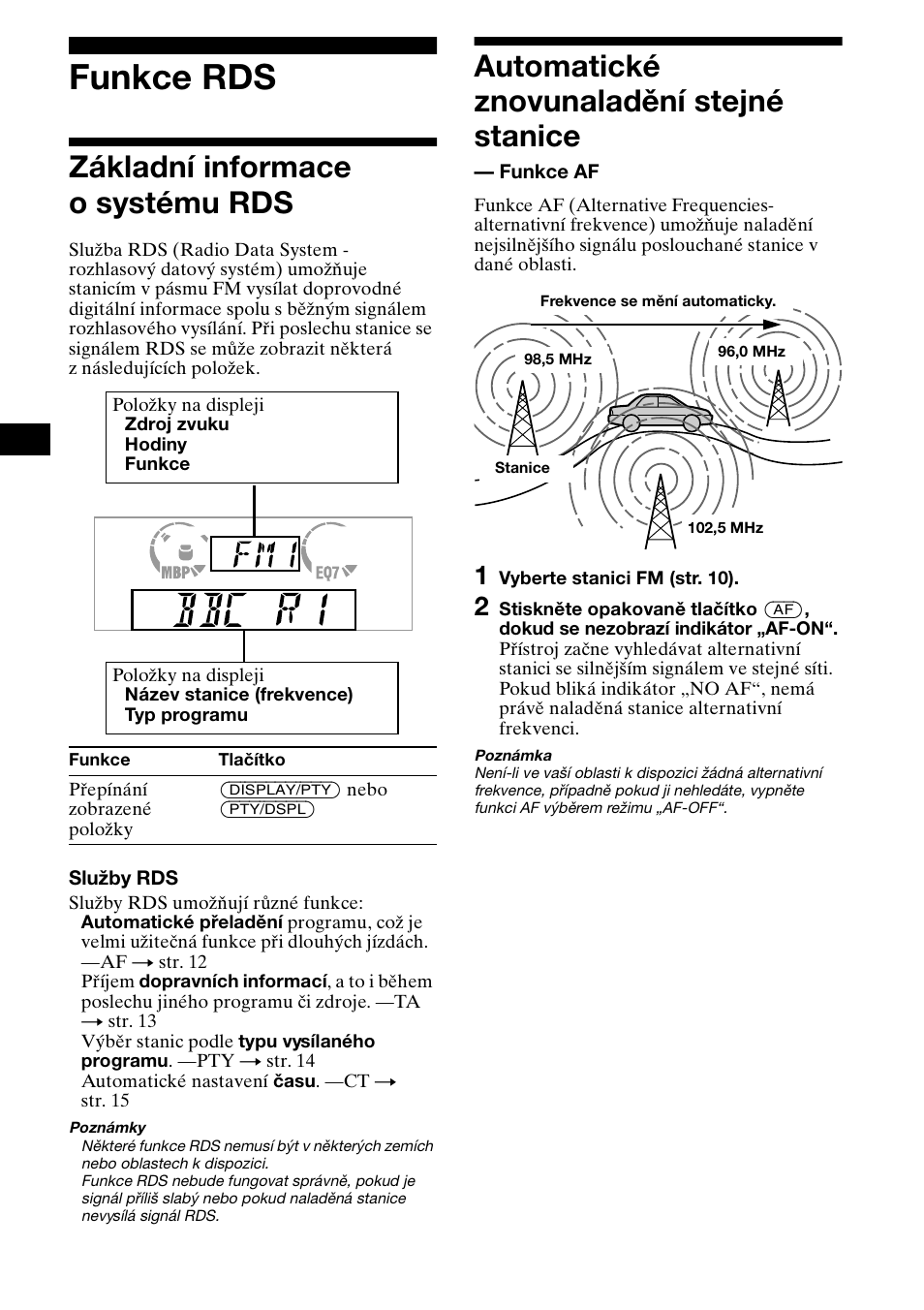 Funkce rds, Funkce af, Pl 12 | Af 12, Základní informace o systému rds, Automatické znovunaladění stejné stanice | Sony XR-L500X  RU User Manual | Page 40 / 146