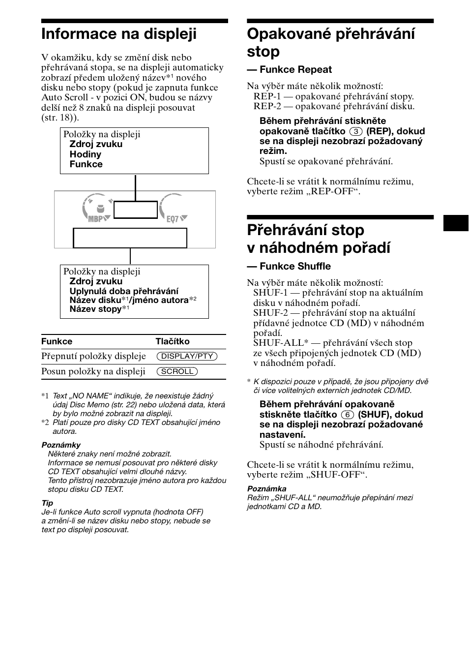 Informace na displeji opakované přehrávání stop, Funkce repeat, Přehrávání stop v náhodném pořadí | Funkce shuffle, 21 informace na displeji, Opakované přehrávání stop | Sony XR-L500X  RU User Manual | Page 49 / 146