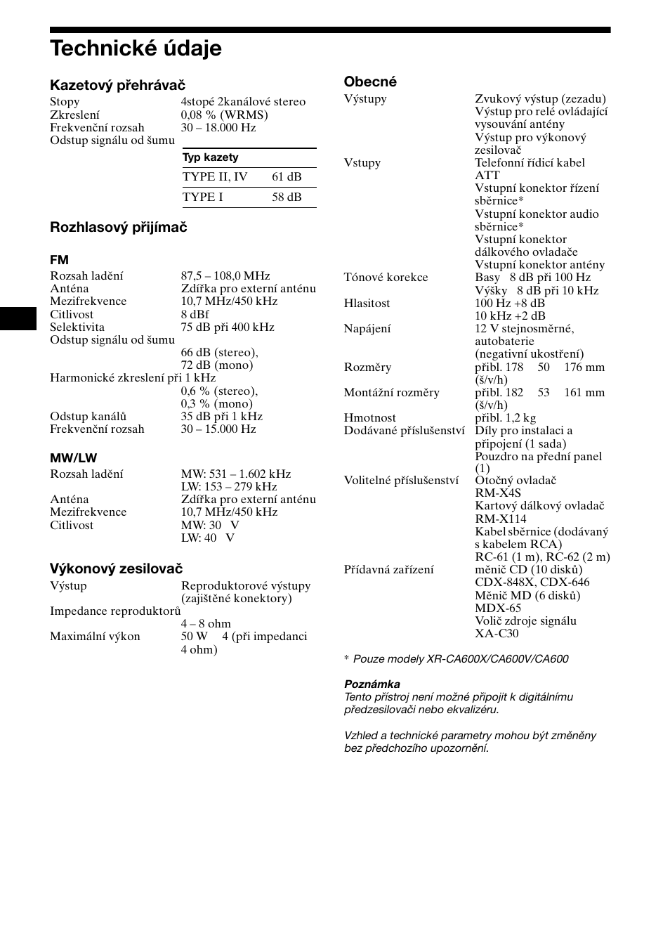 Technické údaje, 26 technické údaje | Sony XR-L500X  RU User Manual | Page 54 / 146