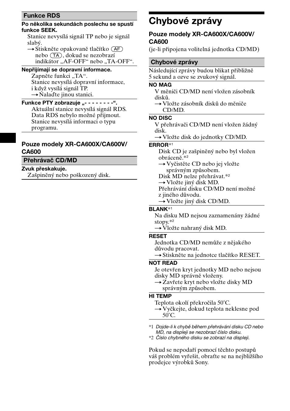 Chybové zprávy, 28 chybové zprávy | Sony XR-L500X  RU User Manual | Page 56 / 146