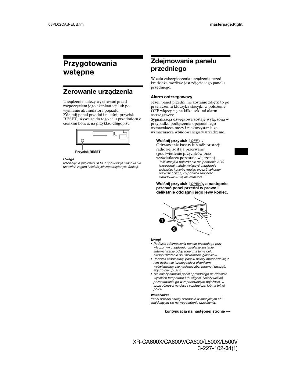 Radio, Automatyczne kodo, Nadawczych w | Funkcja zapa, Przygotowania wstępne, Zerowanie urządzenia, Zdejmowanie panelu przedniego | Sony XR-L500X  RU User Manual | Page 63 / 146