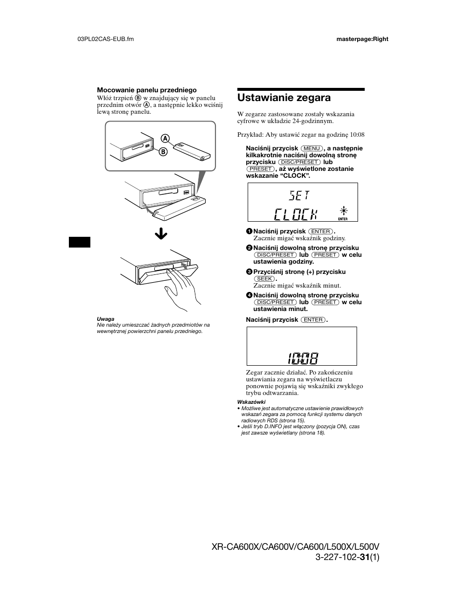 Dostrojenia (b, Ustawianie zegara | Sony XR-L500X  RU User Manual | Page 64 / 146