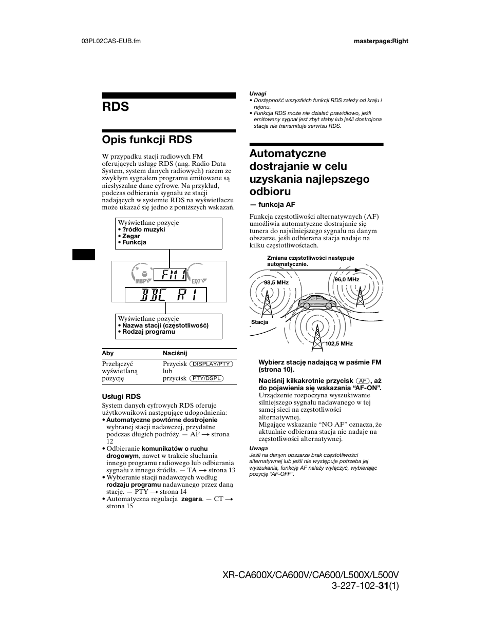 Funkcji af i ta, Dostrajanie urząd, Nadawczych za | Typu programu — funkcja pty, Opis funkcji rds | Sony XR-L500X  RU User Manual | Page 68 / 146