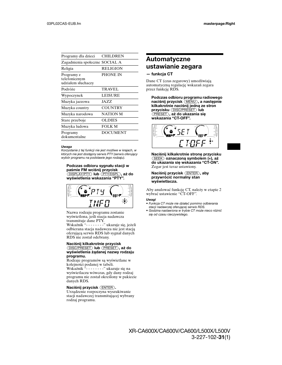 Automatyczne ustawianie zegara | Sony XR-L500X  RU User Manual | Page 71 / 146