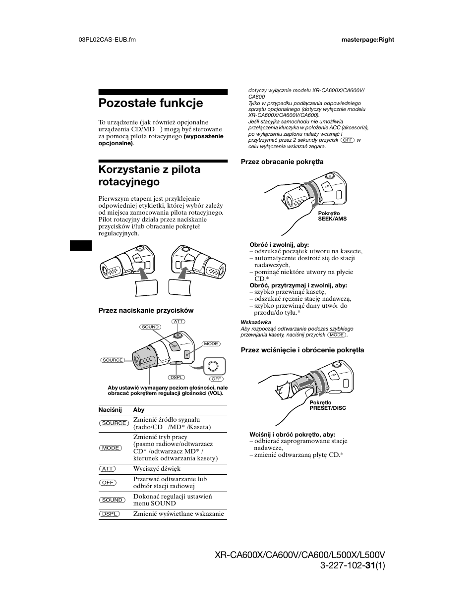 W różnych, Ustawianie korek, Odtwarzacz cd | Pozostałe funkcje, Korzystanie z pilota rotacyjnego | Sony XR-L500X  RU User Manual | Page 72 / 146