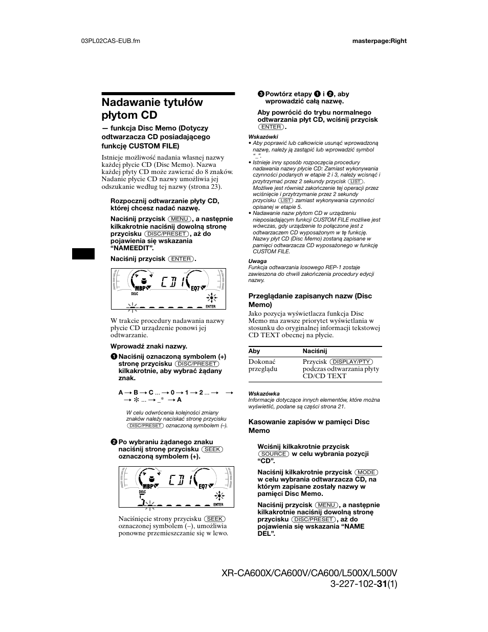 Katów o ruchu, Wyjmowanie urzą, Dane techniczne | Rozwiązywanie p, Nadawanie tytułów płytom cd | Sony XR-L500X  RU User Manual | Page 78 / 146