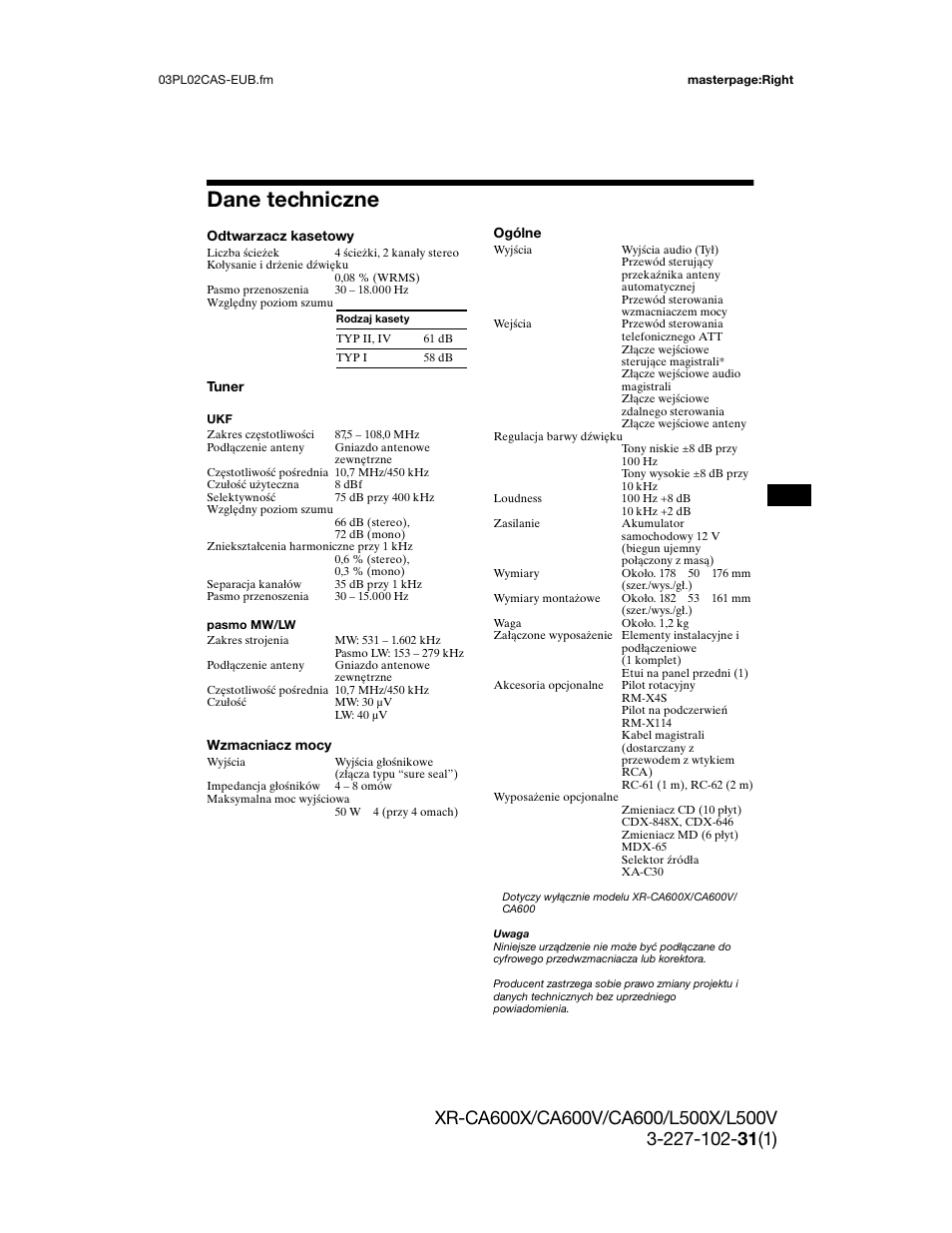 Ianie zegara, Dane techniczne | Sony XR-L500X  RU User Manual | Page 83 / 146