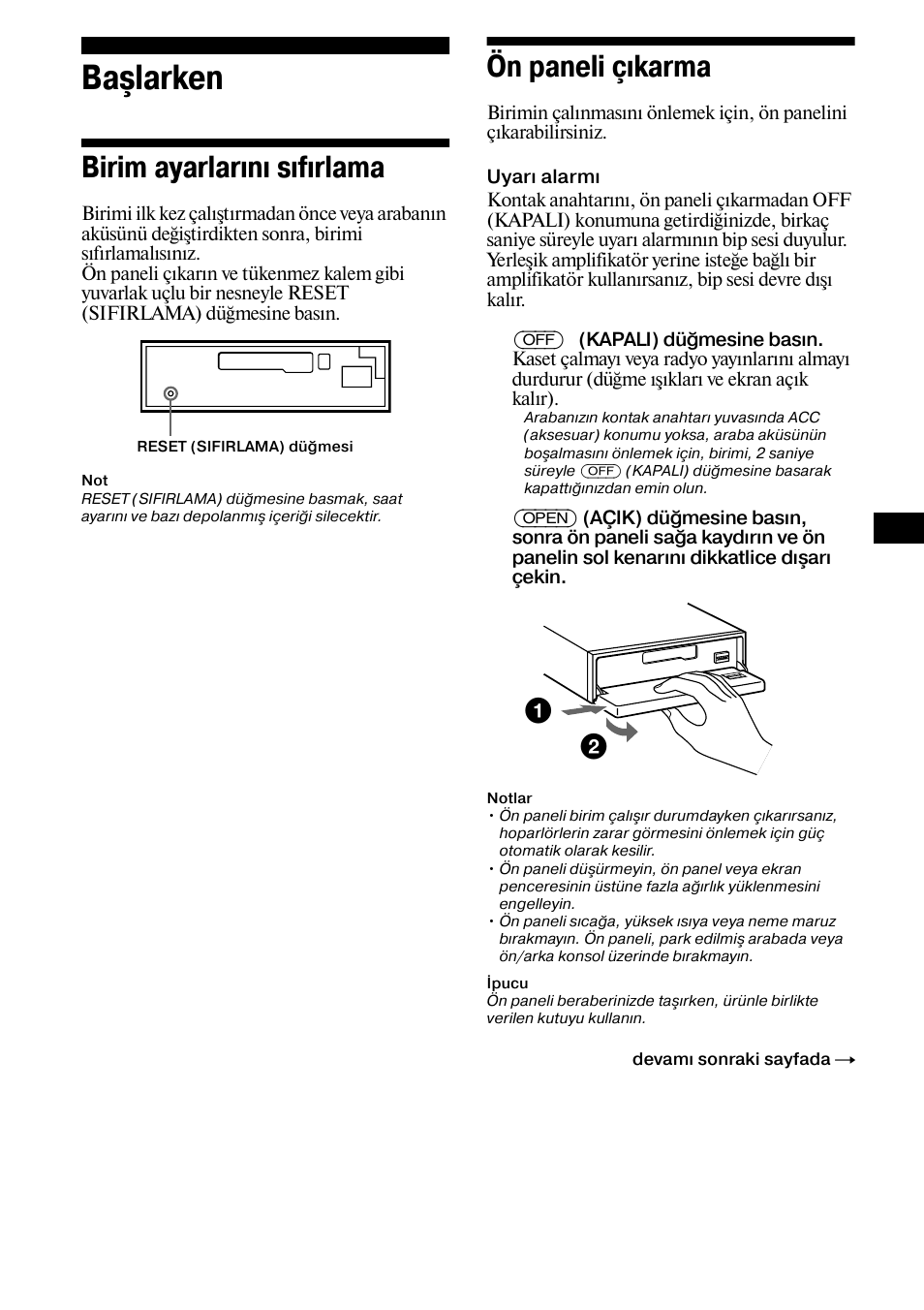 Başlarken, Birim ayarlarını sıfırlama ön paneli çıkarma, Birim ayarlarını sıfırlama | Ön paneli çıkarma | Sony XR-L500X  RU User Manual | Page 91 / 146