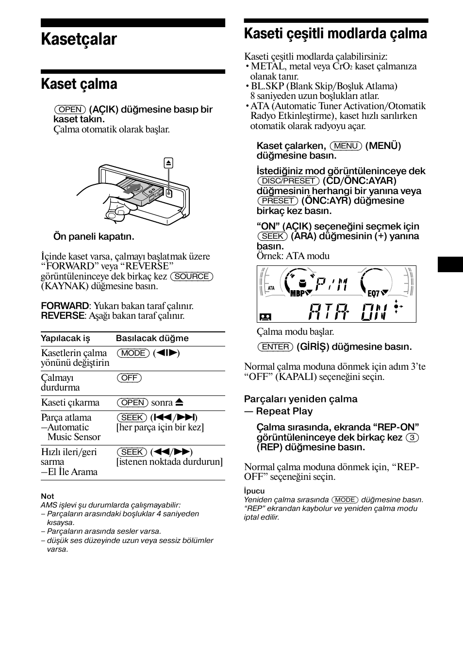 Kasetçalar, Kaset çalma kaseti çeşitli modlarda çalma, Kaset çalma | Kaseti çeşitli modlarda çalma | Sony XR-L500X  RU User Manual | Page 93 / 146