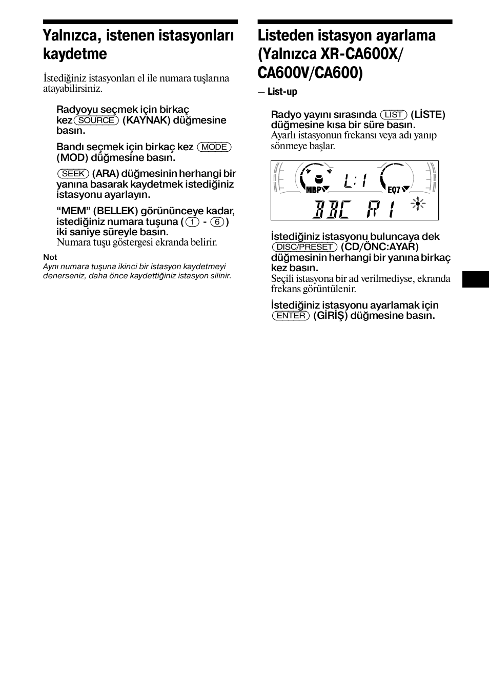 Yalnızca xr ca600x/ca600v/ca600) — list up, 11 yalnızca, istenen istasyonları kaydetme | Sony XR-L500X  RU User Manual | Page 95 / 146