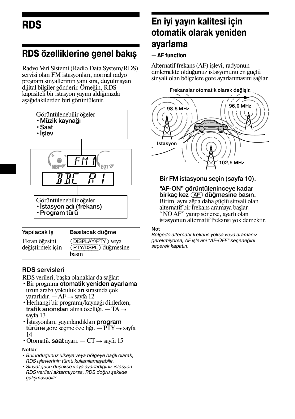 Yeniden ayarlama — af function, Rds özelliklerine genel bakış | Sony XR-L500X  RU User Manual | Page 96 / 146