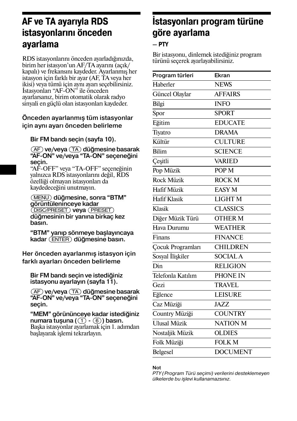 Af ve ta ayarıyla rds istasyonlarını, Önceden ayarlama, Istasyonları program türüne göre ayarlama | Sayfa | Sony XR-L500X  RU User Manual | Page 98 / 146