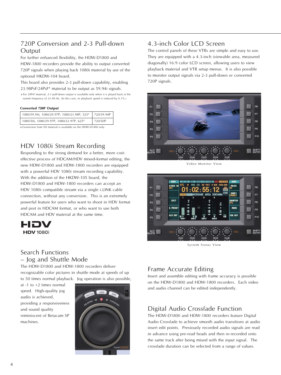 Hdv 1080i stream recording, Search functions – jog and shuttle mode, Inch color lcd screen | Frame accurate editing, Digital audio crossfade function | Sony HDW-D1800 User Manual | Page 4 / 8