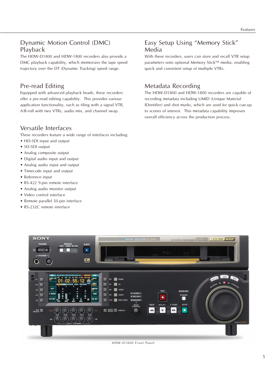 Dynamic motion control (dmc) playback, Pre-read editing, Versatile interfaces | Metadata recording | Sony HDW-D1800 User Manual | Page 5 / 8