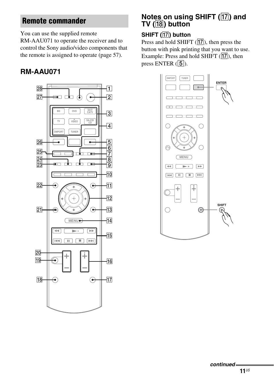 Remote commander, Continued | Sony HT-SF470 User Manual | Page 11 / 76