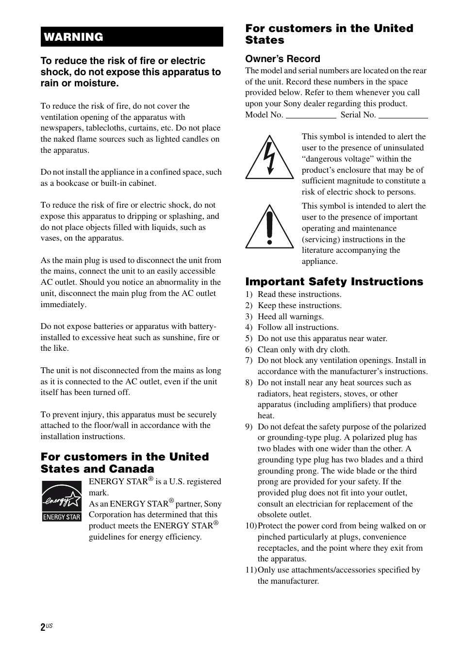 For customers in the united states and canada, For customers in the united states, Important safety instructions | Warning | Sony HT-SF470 User Manual | Page 2 / 76