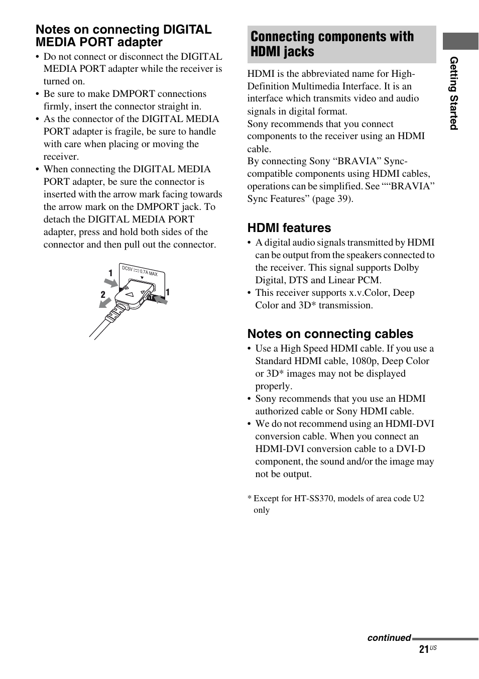 Connecting components with hdmi jacks, Hdmi features | Sony HT-SF470 User Manual | Page 21 / 76
