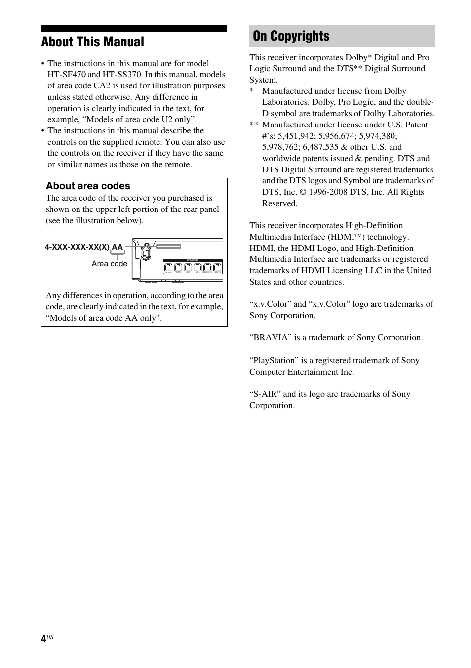 About this manual, On copyrights, About area codes | Sony HT-SF470 User Manual | Page 4 / 76
