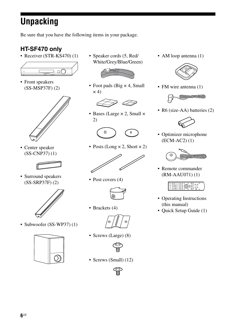 Unpacking, Ht-sf470 only | Sony HT-SF470 User Manual | Page 6 / 76