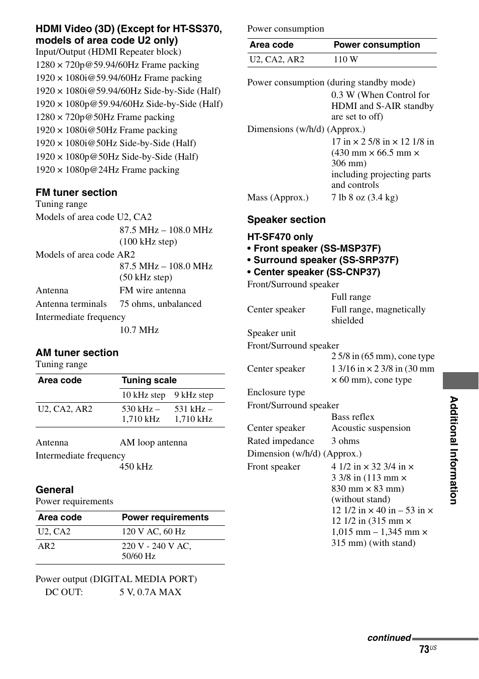 Sony HT-SF470 User Manual | Page 73 / 76