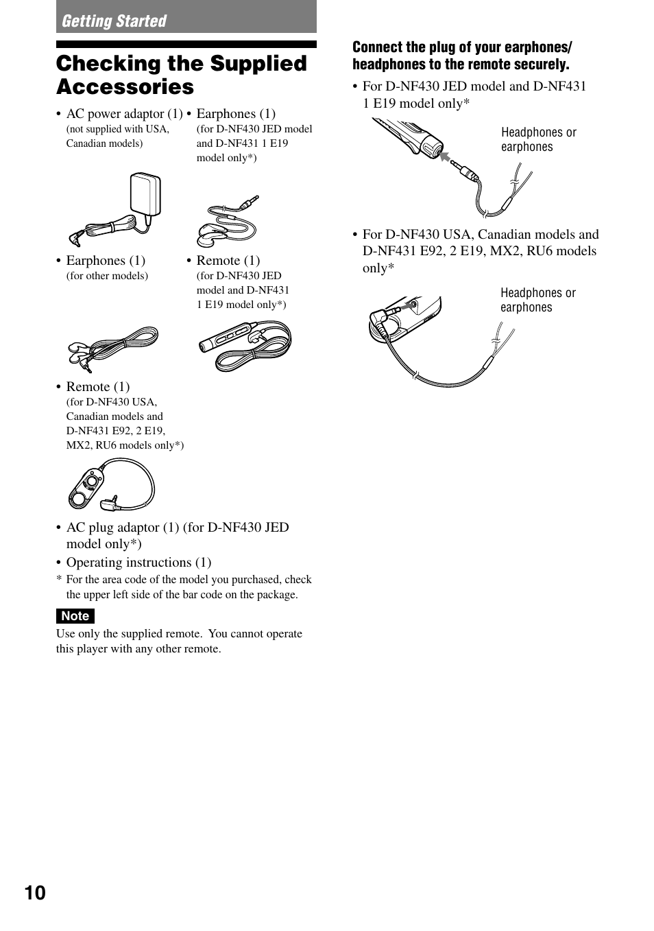 Getting started, Checking the supplied accessories | Sony D-NF431 User Manual | Page 10 / 44