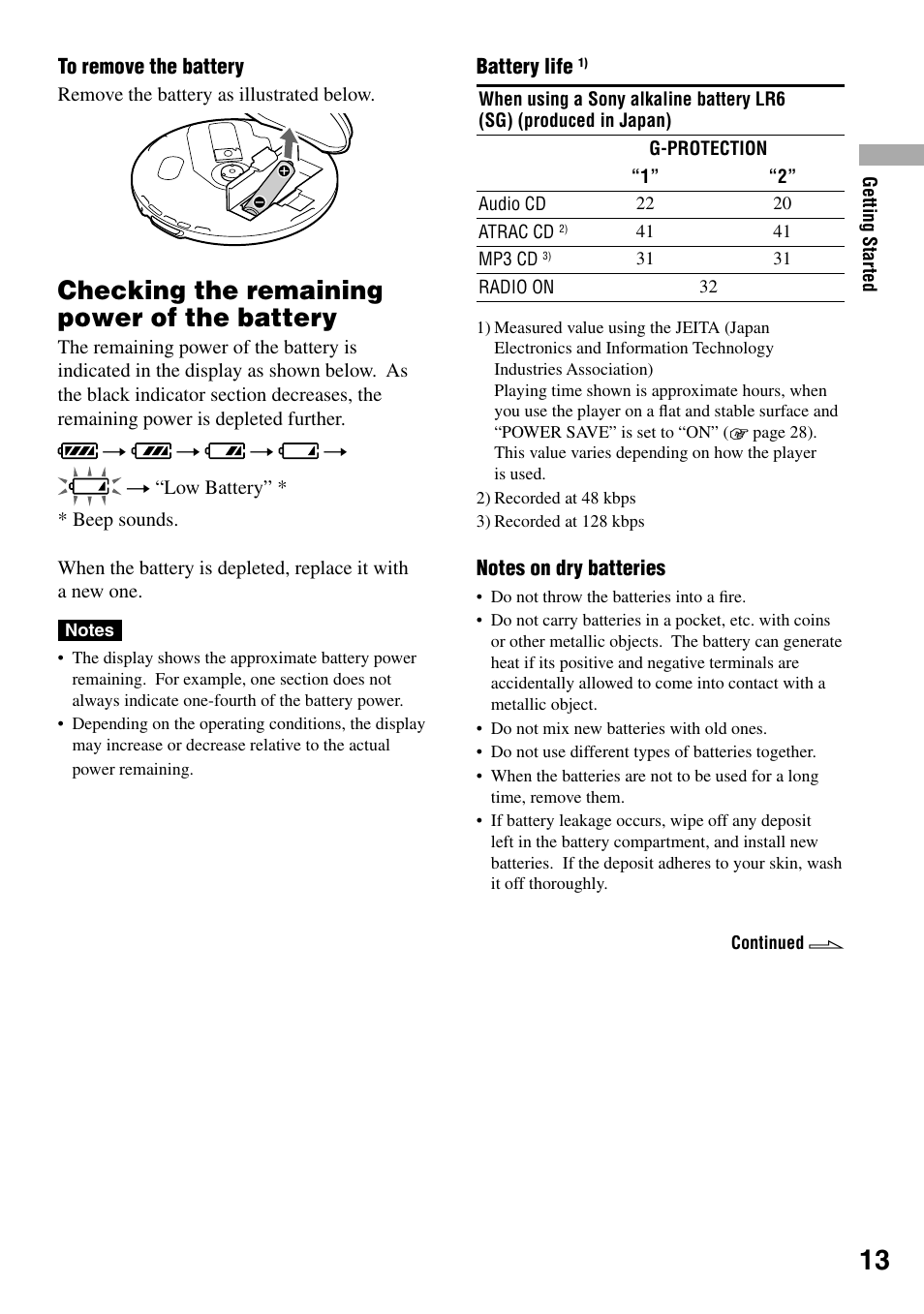 Checking the remaining power of the battery, Checking the remaining power of the, Battery | Sony D-NF431 User Manual | Page 13 / 44