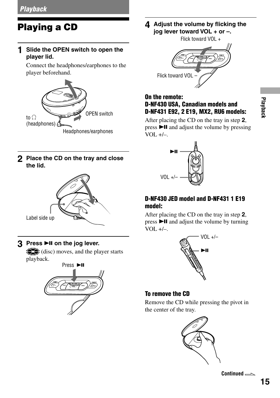 Playback, Playing a cd, Playing a cd 1 | Sony D-NF431 User Manual | Page 15 / 44