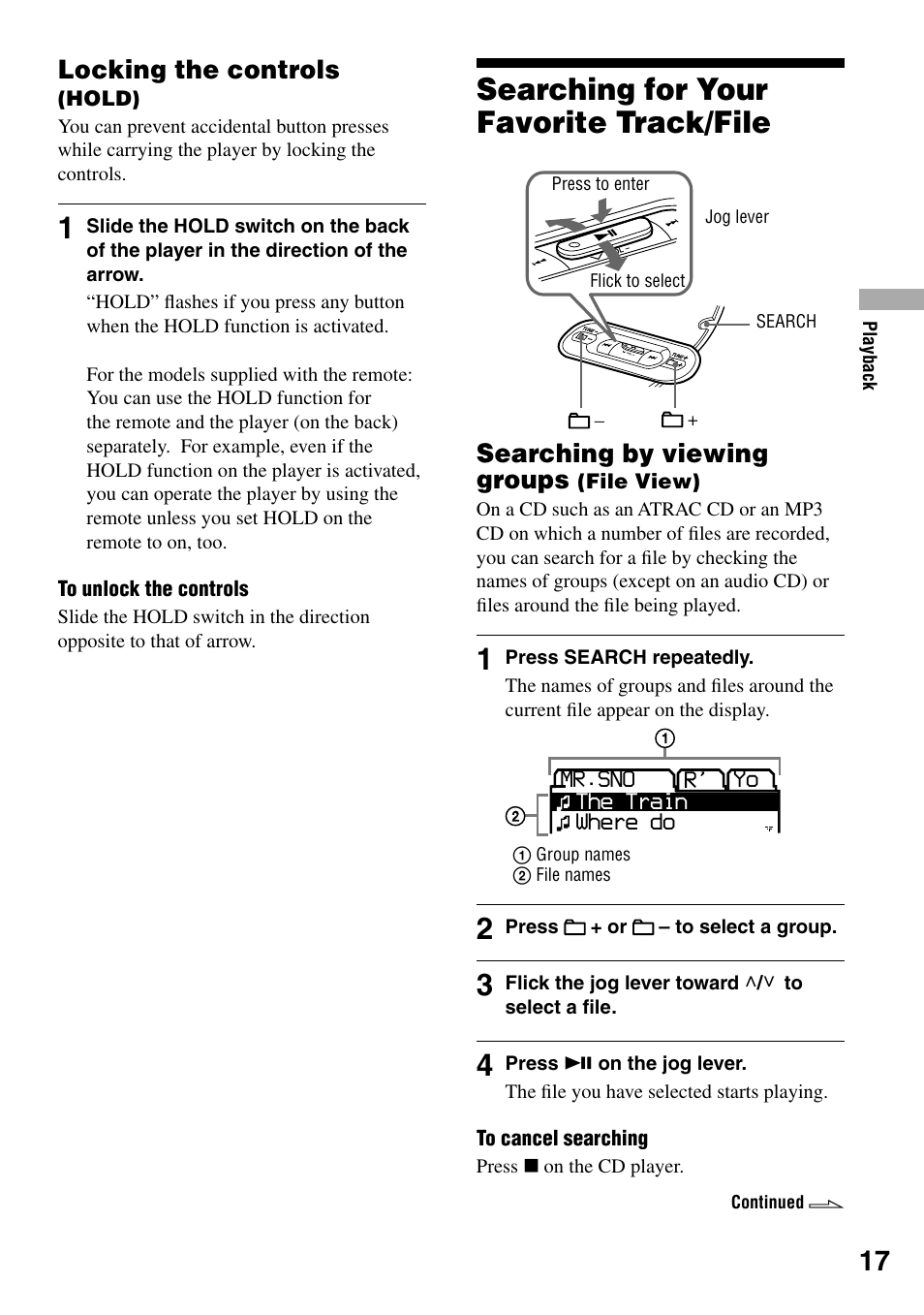 Locking the controls (hold), Searching for your favorite track/file, Searching by viewing groups (file view) | Searching for your favorite, Track/file, Searching by viewing groups, File view), Locking the controls | Sony D-NF431 User Manual | Page 17 / 44
